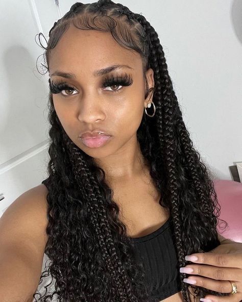 Edges Inspo With Braids, Trible Braids With Curly Hair, Half Braids Half Crochet Hairstyles, Braided Hairstyles For Natural Hair, Half Cornrows Half Curly Weave, Quick Black Hairstyles, Growing Long Hair, Edges Ideas, Front Braid