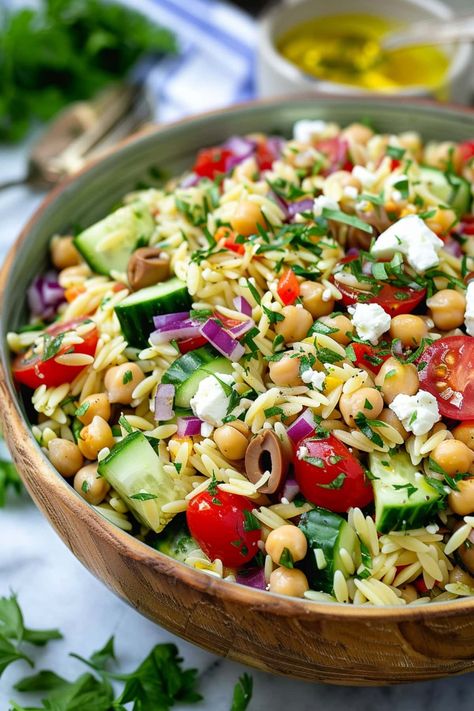 Giada Orzo Pasta Salad, Mederteranian Orzo Salad, Orzo Mediterranean Salad Feta, Greek Summer Salad, Orzo Salad Italian, Orzo Mozzarella Tomato Salad, Orzo Chickpea Pasta Salad, Fresh Orzo Salad, Mediterranean Salad Orzo