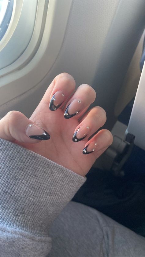 nail inspo Black French Almond Nails With Rhinestones, Black Acrylic Nail Designs With Diamonds, Black French Tip Diamonds, Black Formal Nail Designs, Nail Inspo For Black Dress, Almond Nails For School, Black French With Rhinestones, Black Prom Dress Nails, Black French Tip With Rhinestones