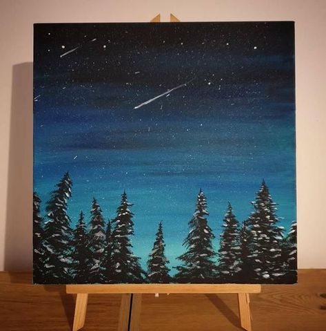 Night Time Starry Sky Forest, Acrylic Painting, Box Canvas, Twilight, Beautiful, 12x12inches, Orginal Painting, Home Decor, Scottish Trees. #schonheit-mode Simple Christmas Acrylic Paintings, Christmas Sky Painting, Forest At Night Painting, Simple Sky Painting, Night Time Paintings, Simple Christmas Paintings On Canvas, Night Forest Painting, Trees Canvas Painting, Sky Painting Acrylic