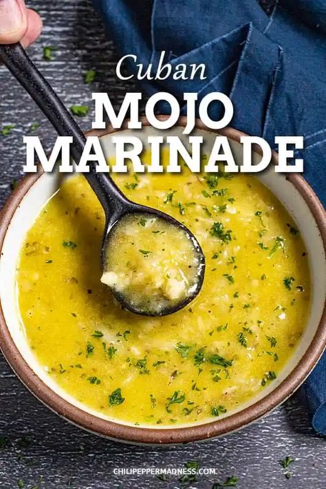 Cuban Mojo Marinade, Mojo Sauce Recipe, Mojo Criollo, Mojo Marinade, Mojo Sauce, Cuban Mojo, Orange Olive Oil, Citrus Marinade, Chili Pepper Recipes