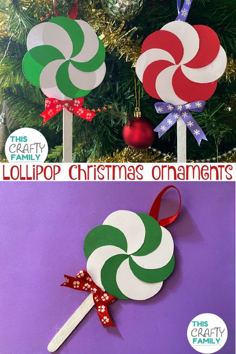 Simple and easy to make lollipop Christmas ornament craft for kids. these handmade Xmas decorations are budget friendly and are Suitable for preschoolers, young children and preteens. theyre also super easy to mass produce which makes them perfect for groups such as schools, after school club and kids craft clubs! Lollipop Christmas Ornaments Diy, Lollipop Christmas Craft, Easy Class Christmas Ornaments, Christmas Ornaments To Make At School, Classroom Christmas Crafts 4th Grade, Gum Drop Craft, Easy Christmas Crafts For Kids At School Diy Ornaments, Candyland Crafts For Preschoolers, Christmas Craft For Kids School