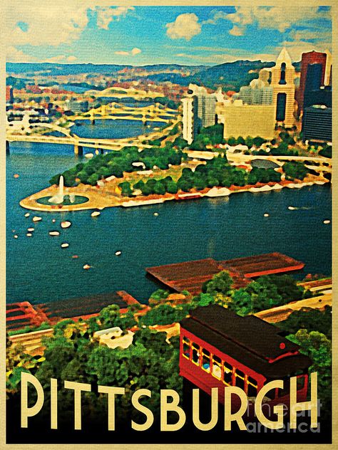 vintage pittsburgh Pittsburgh Skyline, Vintage Pittsburgh, Vintage Poster Design, Steel City, Wedding Posters, Pittsburgh Pennsylvania, American Cities, Pittsburgh Pa, Vintage Travel Posters