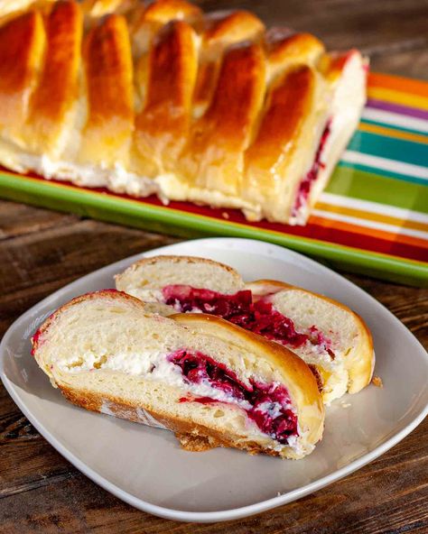 Cranberry Sauce Bread Recipes Easy, Cranberry Swirl Bread, Cranberry Cream Cheese Loaf, Cream Cheese Cranberry Bread, Cream Cheese Cranberry Bread Recipe, Cream Cheese Brioche, Baking Mix Recipes, Cranberry Jelly, Cream Cheese Bread