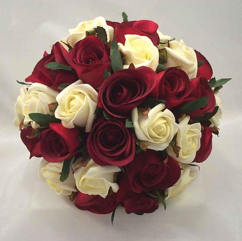 Burgundy and ivory wedding bouquet Ivory Rose Bouquet, Burgundy Roses, Wedding Flowers Roses, Burgundy Bouquet, White Rose Bouquet, Rose Bridal Bouquet, Silk Wedding Bouquets, Red And White Roses, Winter Wedding Flowers