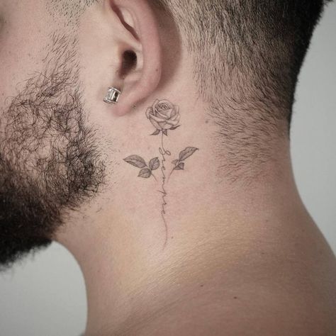 Crown Behind Ear Tattoo Men, Tattoo Name On Neck, Back Of The Ear Tattoos Men, Rose Tattoo Men Neck, Small Behind The Ear Tattoo Ideas Men, Behind The Ear Neck Tattoo Ideas, Rose On Neck Tattoo, Men Behind Ear Tattoo, Letter Behind Ear Tattoo