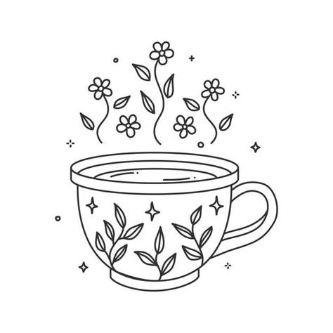 Tea Cup Coloring Page, Cute Plant Coloring Pages, Coffee Cup With Flowers Tattoo, Coffee Mug Drawing Simple, Tea Doodle Art, Cute Coffee Cup Drawing, Hygge Coloring Page, Tea Cup Doodle, Cup Of Tea Drawing