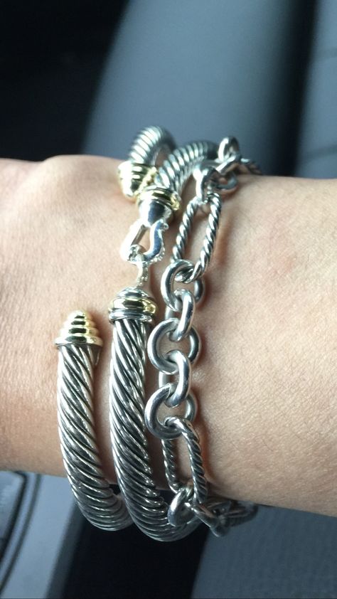 David Yurman cable bracelet stack Yurman Bracelet Stack, David Yurman Bracelet Stack, David Yurman Cable Bracelet, Yurman Bracelet, Modern Silver Jewelry, David Yurman Bracelet, Luxury Jewelry Brands, Arm Jewelry, Cable Bracelets