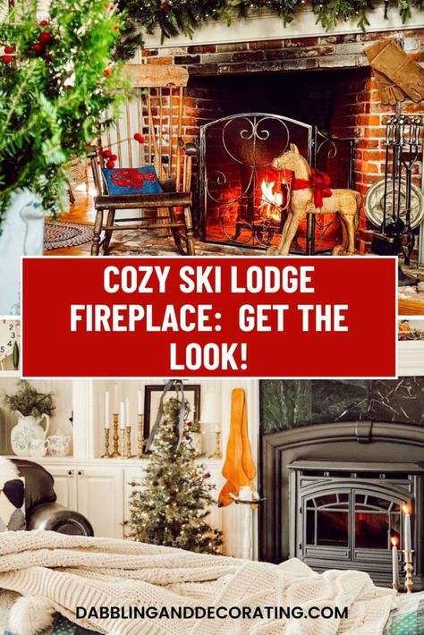 Cozy Ski Lodge Fireplace:  Get the look! Ski Lodge Living Room, Ski Lodge Fireplace, Ski Lodge Aesthetic, Lodge Fireplace, Cozy Ski Lodge, Vintage Ski Lodge, Lodge Living Room, Lodge Aesthetic, Resort Decor