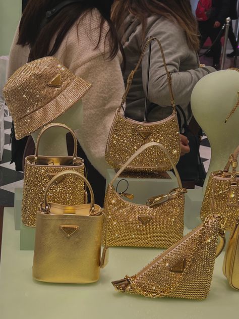 Galeries LaFayettes Paris! This is Prada bag 💫✨ Crystal Bag Outfit, Prada Bag Aesthetic, Prom Bag, Purse Outfit, Bag Outfit, Crystal Bags, Bag Aesthetic, Gold Bag, Luxury Purses