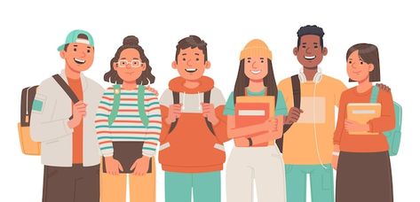 Vector company modern happy teenagers fr... | Premium Vector #Freepik #vector #student #teen-student #student-illustration #student-group Girls Backpacks, Friends School, Study English Language, Student Cartoon, Teen Friends, Friends Illustration, Teen Art, Happy Students, College Friends