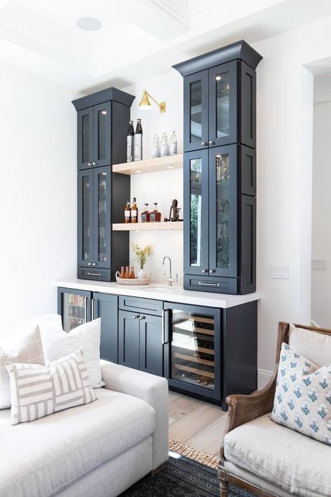 Bar Between Dining Room And Living Room, New Age Bar Cabinets, Dry Bar Under Window, Bar Family Room Ideas, Built In Shelves Living Room With Bar, Single Wall Bar Ideas, Wine Bar Cabinets, Ikea Built In Dry Bar, Pantry Beverage Station