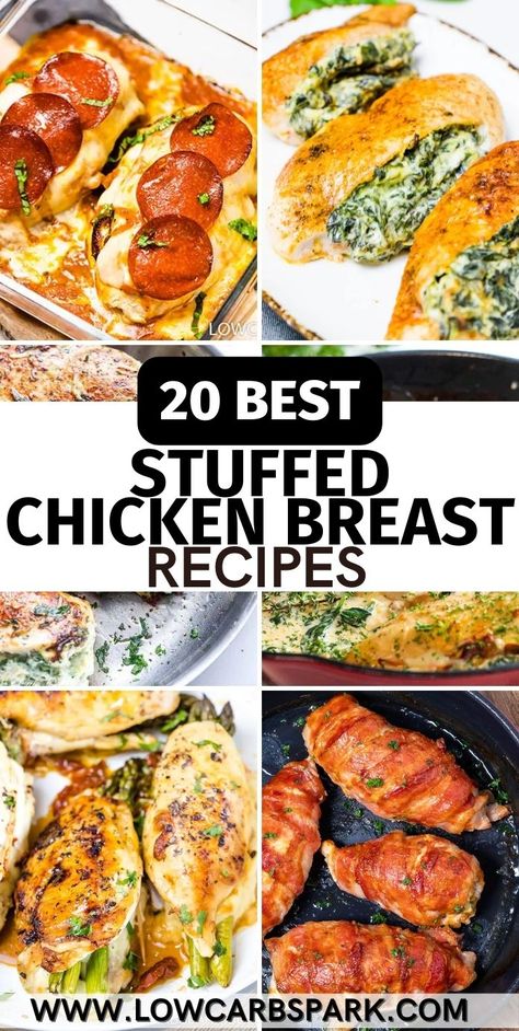 Are you searching for the best keto-stuffed chicken recipes? Then, you're in the right place. These 20 recipes for stuffed chicken are the best if you're looking for comforting dinner recipes that are incredibly delicious and easy to prepare. Stuffed Chicken Ideas For Dinner, Best Stuffed Chicken Recipes, Creamy Stuffed Chicken Breast, Keto Stuffed Chicken, Stuffed Chicken Fillet Recipes, Low Carb Stuffed Chicken Breast, Dairy Free Stuffed Chicken Breast, Chicken Breast Stuffed, Quick Easy Chicken Breast Recipes