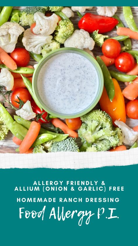 Allium Free Ranch Dressing | Allergy Friendly No Onion No Garlic - Food Allergy P.I. Garlic And Onion Allergy, Garlic Onion Free Recipes, Onion Allergy Recipes, Garlic Allergy Recipes, No Onion No Garlic Recipes Gluten Free, Garlic And Onion Free Recipes, Allium Free Recipes, No Garlic No Onion Recipes, Parosmia Recipes