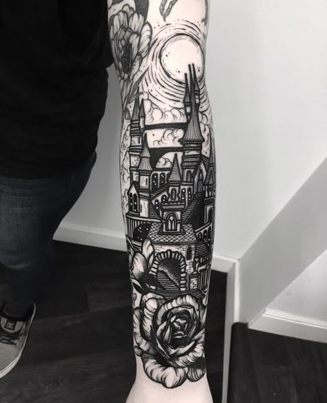 Halloween Sleeve Tattoo, Halloween Sleeve, Halloween Tattoos Sleeve, Castle Tattoo, Baba Jaga, Colorful Tattoos, Tattoos Sleeve, Creepy Tattoos, Spooky Tattoos