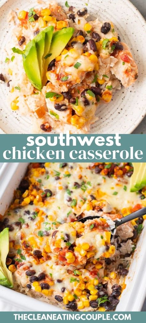 A Healthy Southwest Chicken Casserole Recipe that is so easy to make! This Mexican Chicken Casserole is perfect for a one pan dinner. Whole Food Casserole Recipes, Healthy Meal Prep Casserole Recipes, Chicken And Veggie Casserole Healthy, One Pan Healthy Dinner Recipes, Sante Fe Chicken Casserole, Paleo Chicken Casserole Recipes, Healthier Casserole Recipes, Healthy Lunch Casserole, Healthy Chicken Casserole Clean Eating