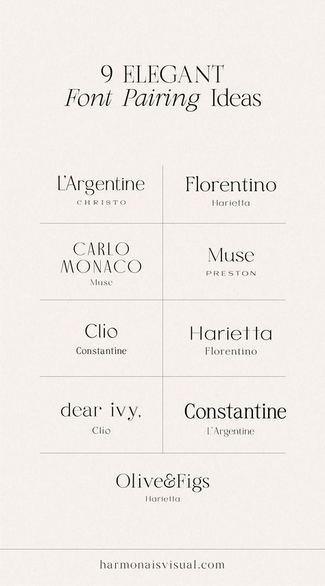 Elegant Font Pairing Ideas by Harmonais Visual Minimalist Font Combinations, Business Fonts Logos, Canva Font Pairings For Logo, Minimal Logo Design Inspiration Branding, Fonts For Logos Branding, Minimalist Font Pairings, Font Layout Design, Modern Fonts Minimalist, Typography Pairings