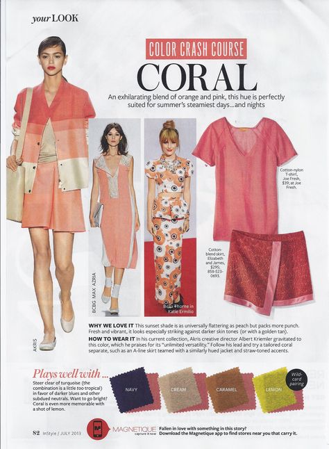 InStyle Color Crash Course - Coral Color Crash Course, Instyle Color Crash Course, Cream Caramel, Colour Combinations Fashion, Coral Navy, Color Combinations For Clothes, Amal Clooney, Instyle Magazine, Soft Autumn