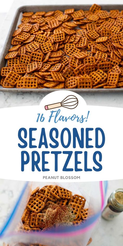 Easy Seasoned Pretzels: 16 Fun Flavors! Seasoned Pretzel Sticks, Snack Pretzels Recipe, Oven Baked Pretzels, Diy Seasoned Pretzels, Pretzel Holiday Snacks, Baked Seasoned Pretzels, Salt And Vinegar Pretzels, Pretzel Flavor Recipes, Sweet And Savory Pretzels