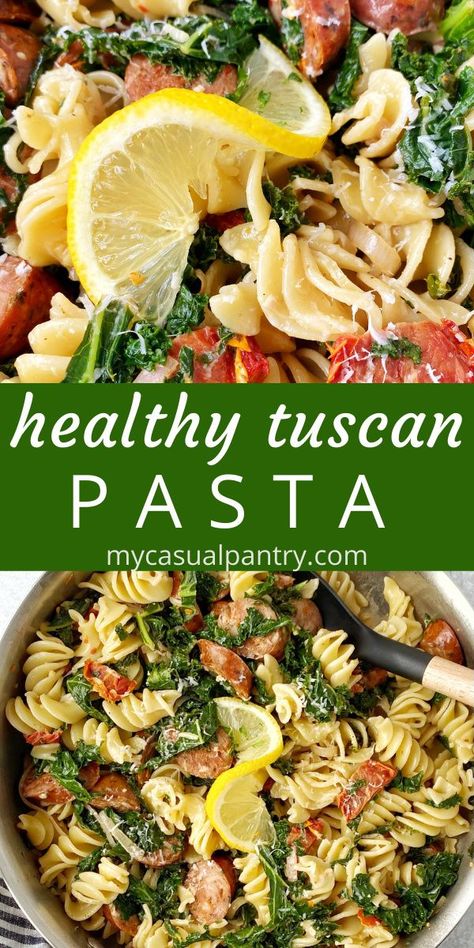 Sausage Kale Pasta, Kale Pasta Salad, Kale Pasta Recipe, Lemon Cream Sauce, Tuscan Pasta, Tuscan Kale, Sausage Kale, Kale Pasta, Mediterranean Pasta