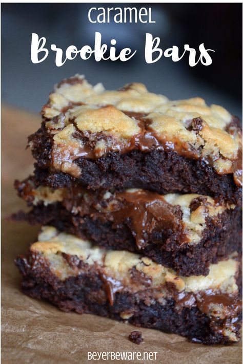 Carmel Brownie Cookie Bars, Cookie Brownie Caramel Bars, Caramel Brookies Recipe, Caramel Cookie Brownies, Caramel Brookies, Brookies Recipe Cookie Brownies, Brookies Recipes, Brookie Bars, Caramel Chocolate Chip Cookie