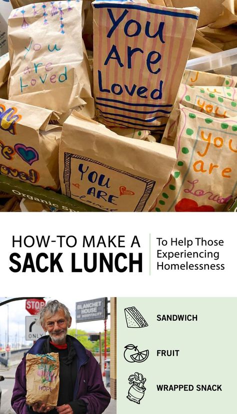 Sack lunches containa sandwich (meat or pb&j), fruit, and wrapped snacks. The portable meals are very popular because most items are nonperishable. Decorating the bags with messages of hope is very meaningful for the recipient. Portable Meals, Sack Lunches, Lds Relief Society Activities, Homeless Care Package, Little Free Pantry, Charity Work Ideas, Messages Of Hope, Lds Relief Society, Snack Wrap