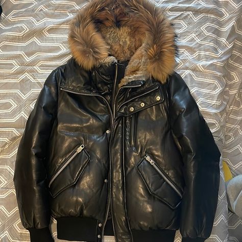 Mens Black Leather Mackage Jacket with Fur Hoodie Mens Fur Jacket, Leather Jacket With Fur Men, Fur Hoodie Outfit, Fur Jacket Outfits, Mens Fur Collar Coat, Men In Fur Coats, Leather Jacket With Fur, Fur Hoodie Jacket, Mackage Jacket