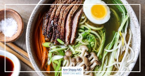 Paleo Ramen with Zucchini Noodles - Ann Shippy MD Paleo Ramen, Zucchini Noodle Recipe, Hoisin Pork, Gerd Recipes, Ramen Toppings, Zucchini Noodle, Zucchini Noodle Recipes, Miso Ramen, Delicious Paleo Recipes