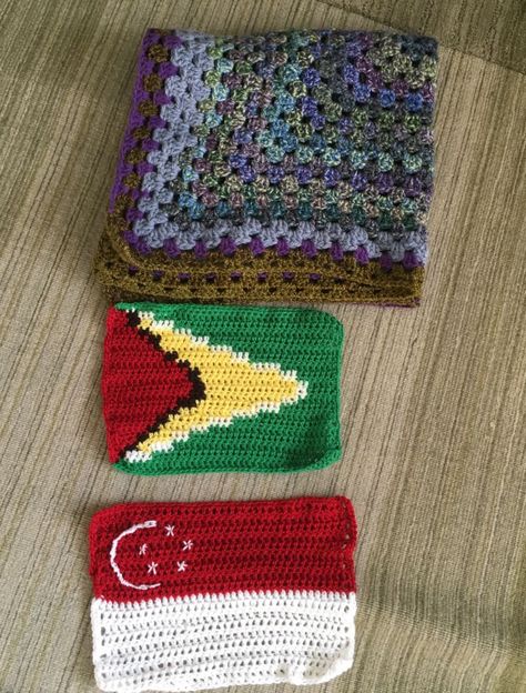 Crochet flag of Singapore and Guyana and a purple crochet blanket Purple Crochet Blanket, Flag Of Singapore, Crochet Flag, Singapore Flag, Guyana Flag, Crochet Leaf Patterns, Purple Crochet, Crochet Leaves, Knitted Scarf