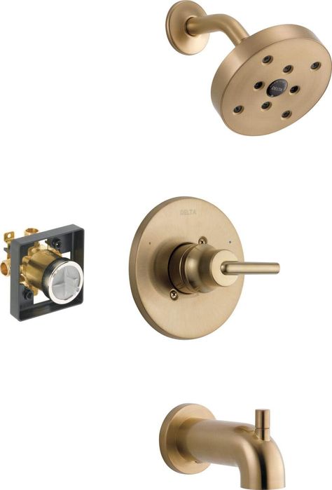 DELTA Faucet Trinsic 14 Series Single-Function Tub and Shower Trim Kit with Single-Spray H2Okinetic Shower Head, Champagne Bronze T14459-CZ (Valve Included) - Amazon.com Champagne Bronze Faucet, Delta Trinsic, Gold Shower, Shower Faucet Sets, Water Patterns, Tub And Shower, Delta Faucets, Bath Faucet, Champagne Bronze