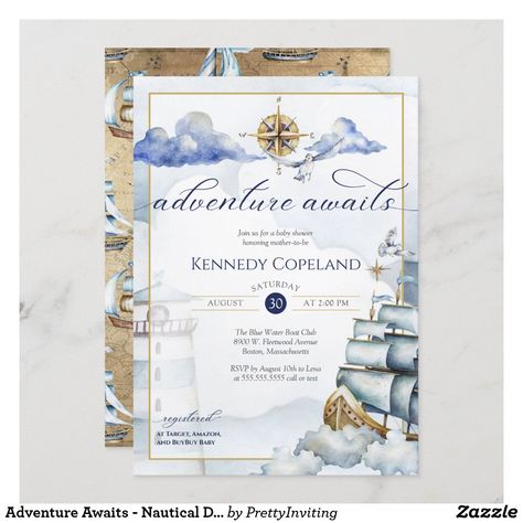 Adventure Awaits - Nautical Dream Ship Baby Shower Invitation Nautical Baby Shower Boy, Adventure Awaits Baby Shower, Ahoy Its A Boy, Adventure Baby Shower, Travel Party Theme, Adventure Baby, Sailing Adventures, Baby Shower Supplies, Nautical Baby Shower