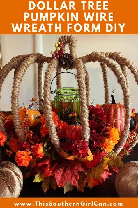 Make this beautiful Fall flower arrangement using Dollar Tree pumpkin wire wreath forms and my easy tutorial! Pumpkin Form Wreath, Floral Wire Crafts, Wire Pumpkin Wreath Dollar Tree Diy, Pumpkin Wire Wreath, Dollar Tree Wire Pumpkin Frame Diy, Wire Pumpkin Wreath Diy, Dollar Tree Pumpkin Wreath Form, Wire Pumpkin Wreath, Wire Form Pumpkin Wreath