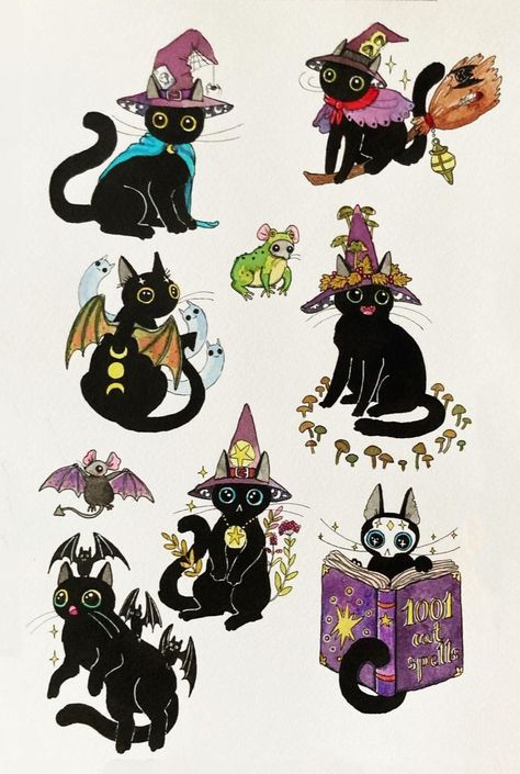 Witch Cat Drawing, Witch Cafe, Misfits Tattoo, Cat Tea Party, Mystical Tattoos, Witch Characters, Witch Tattoo, Magic Cat, Witch Cat