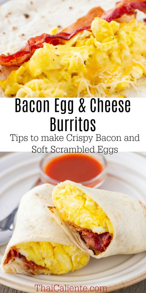 Bacon Egg Cheese Burritos- Tips for Crispy Bacon and Soft Scrambled Eggs on ThaiCalliente.com #breakfastburritos #bacon Scrambled Egg Wrap Breakfast Burritos, Breakfast Burritos With Bacon, Bacon Burrito Breakfast, Bacon And Egg Wrap, Scrambled Egg Wrap, Easy Breakfast Ideas Eggs And Bacon, Soft Cheese Recipes Ideas, Breakfast Burritos Bacon Egg And Cheese, Bacon And Egg Breakfast Burritos