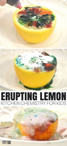 Great science is as simple as walking into the kitchen with this erupting lemon chemistry experiment! We enjoy all kinds of simple science and STEM using common household ingredients. This fun science activity can even be taken outside for easy clean up. Perfect for summertime science any day of the year Lemon Volcano, Chemistry Experiments For Kids, Vetenskapliga Experiment, Chemistry For Kids, Planning School, Science Week, Simple Science, Kid Science, Science Club