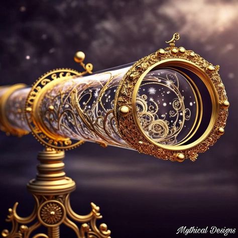 Fantasy Telescope, Astrolabe Aesthetic, Telescope Aesthetic, Fantasy Astronomy, Space Steampunk, Magical Item, Astronomy Telescope, Steampunk Aesthetic, Astronomy Art