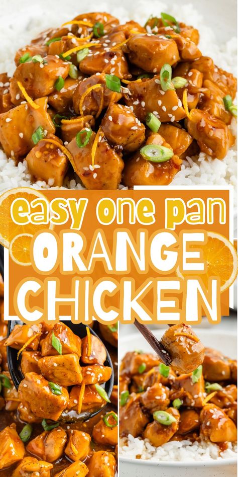 This recipe for Easy Orange Chicken cooks in one skillet pan on the stove top! A 30 minute quick dinner idea with tender chunks of chicken that simmer in an easy homemade tangy orange sauce. Serve over rice for a family favorite dinner. Orange Chicken One Pan Meal, Easy Orange Chicken Recipe Simple, Healthy Stove Top Recipes, Chicken Breast Recipes Easy Quick, Orange Chicken Meal Prep, Orange Chicken Recipe Easy, Quick Easy Casseroles, Chicken Bakes, Baked Orange Chicken