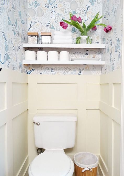 Closet Bathroom Ideas, Powder Room Redo, Closet Bathroom, Closet Shelf, Powder Room Makeover, Closet And Bathroom, Gallon Of Paint, Wallpaper Stencil, Wallpaper Project