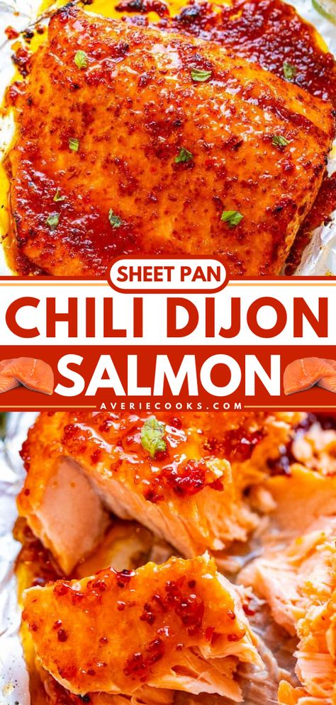 Sheet Pan Sweet Chili Salmon Recipe - Averie Cooks Chili Salmon Recipe, Types Of Chili, Sweet Chili Salmon, Chili Salmon, Cilantro Lime Salmon, Dijon Salmon, Lemon Butter Salmon, Quick Salmon, Lime Salmon