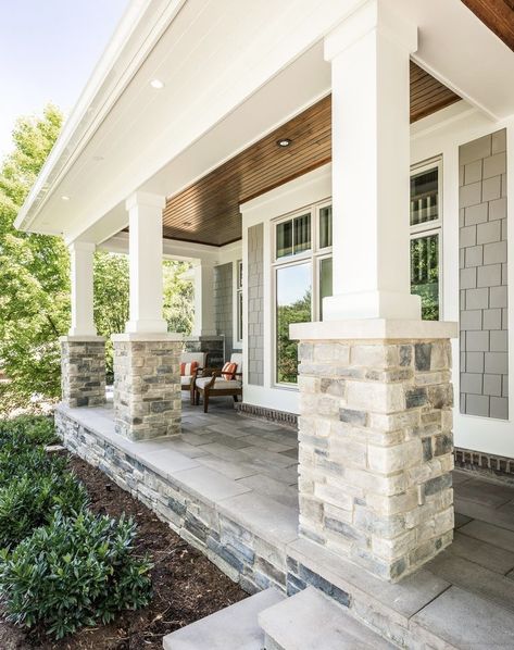 Bungalow With Front Porch, Stone Pillars Porch Front Entry, Outdoor Pillars Columns, Stone Facade House Exterior, Front Pillar Design, Front Porch With Stone, Outdoor Pillars, Tan House Exterior, Front Porch Pillars