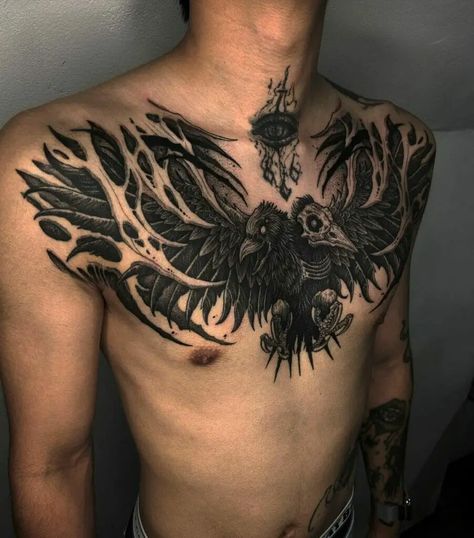 Crow Tattoo Neck Men, 2 Headed Crow Tattoo, Crow Tattoo On Chest, Crow Chest Tattoo For Men, Crow Tattoos Men, Chest Crow Tattoo, Crow Tattoo Cover Up, Backhand Tattoos Men, Two Headed Crow Tattoo