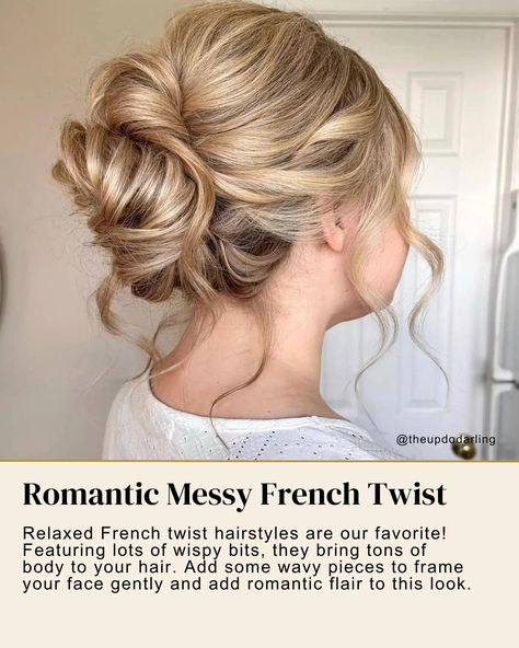 Elevate your style effortlessly with hair gathered in a top knot, braided crown, French twist, or chignon bun! Whether for casual outings or special occasions, these hairstyles can seriously level up your look. Embrace the latest hair trends for a modern, relaxed, yet classy vibe. ✨ Which one is your favorite? Share your thoughts below! #weddinghairstylist #weddinghair #weddinghairinspo #hairstyle French Twist Bridesmaid Hair, Textured French Twist, Curly French Twist, Loose French Twist, Elegant Updos For Short Hair, Modern French Twist, Messy French Twist, French Knot Hairstyle, Modern French Twists