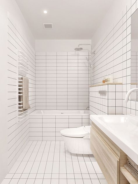 The floor of this bathroom is covered in clean white rectangular tiles mixed with a single line of square tiles to add a touch of interest. Rectangular Bathroom, Square Tiles, Toilet Sink, Minimalist Apartment, Bad Inspiration, Interior Minimalista, Bathroom Tile Designs, Bathroom Shower Tile, Trendy Bathroom