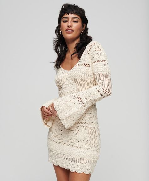 Womens - Crochet Flared Sleeve Mini Dress in Cream | Superdry UK Long Sleeve Crochet Dress, Crochet Wedding Dresses, Crochet Skirt Pattern, Crochet Summer Dresses, Crochet Wedding, Dress Tutorials, Crochet Mini Dress, Mini Robes, Crochet Dress Pattern