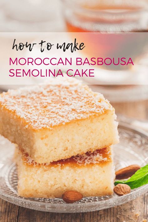 How to make Moroccan Basbousa Semolina Cake - an easy recipe for a delicious Arabic dessert! Traditional Moroccan Desserts, Easy Arabic Dessert Recipes, Moroccan Desserts Easy, Iraqi Desserts, Easy Basbousa Recipe, Best Basbousa Recipe, Moroccan Sweets, Moroccan Cake, Basbousa Recipe