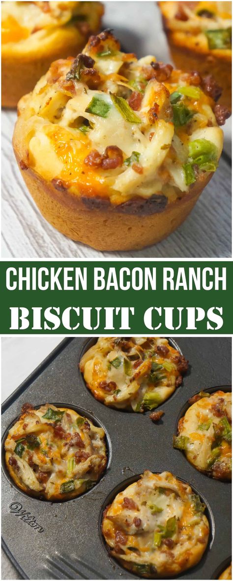 Chicken Bacon Ranch Biscuit Cups are a fun and easy party food. These biscuits loaded with rotisserie chicken, cheddar cheese and bacon are a delicious hand held snack. Hand Held Brunch Ideas, Easy Hand Held Lunches, Hand Held Snacks Best Appetizers, Hand Held Recipes, Easy Hand Held Food, Hand Held Meals On The Go, Lunch Truck Food Ideas, Munchie Desserts, Hand Held Dinner Ideas