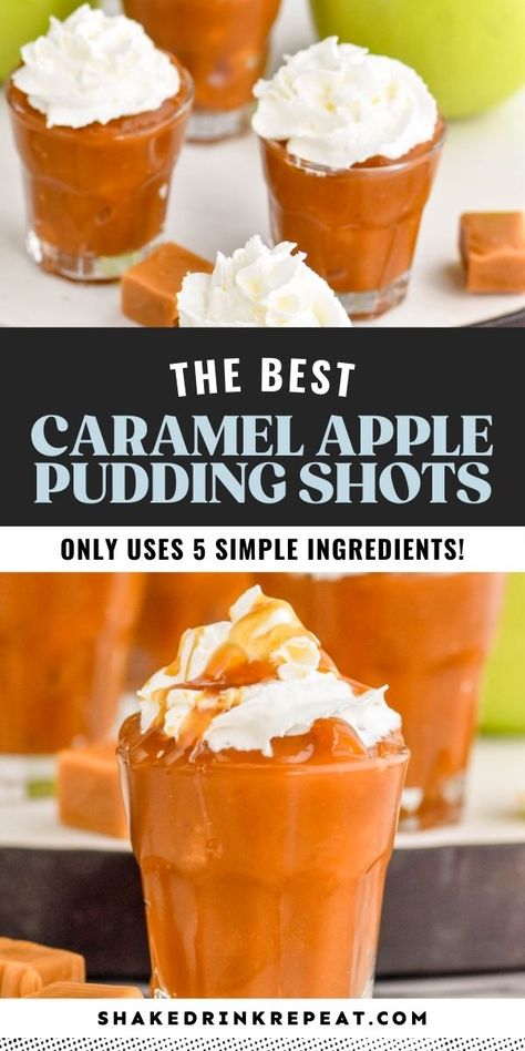 This Caramel Apple Pudding Shot recipe is simple, smooth, and delicious. With the perfect blend of butterscotch, caramel, and apples, you will taste all of the flavors of fall in each shot. Butterscotch Pudding Shots Alcoholic, Pudding Shots Butterscotch, Fall Shooters Alcohol, Butterscotch Shots Recipe, Pudding Shots Thanksgiving, Caramel Apple Shots Alcohol, Fall Jello Shots Alcohol, Pudding Shots Halloween, Fall Pudding Shots Alcohol