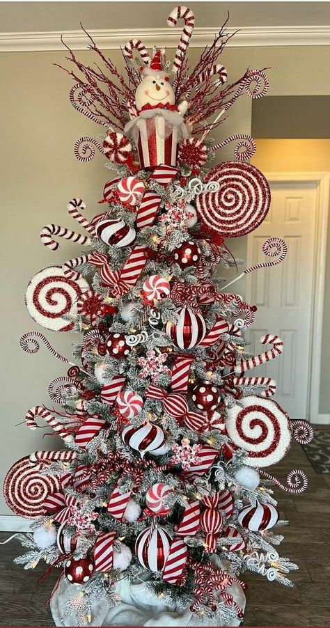 9 Ft Slim Christmas Tree Decorated, Candy Cane Christmas Tree Theme, Peppermint Christmas Tree, Trees For Christmas, Candy Christmas Tree, Candy Cane Christmas Tree, Diy Christmas Tree Topper, Christmas Tree Decorating Themes, Flocked Christmas Trees Decorated