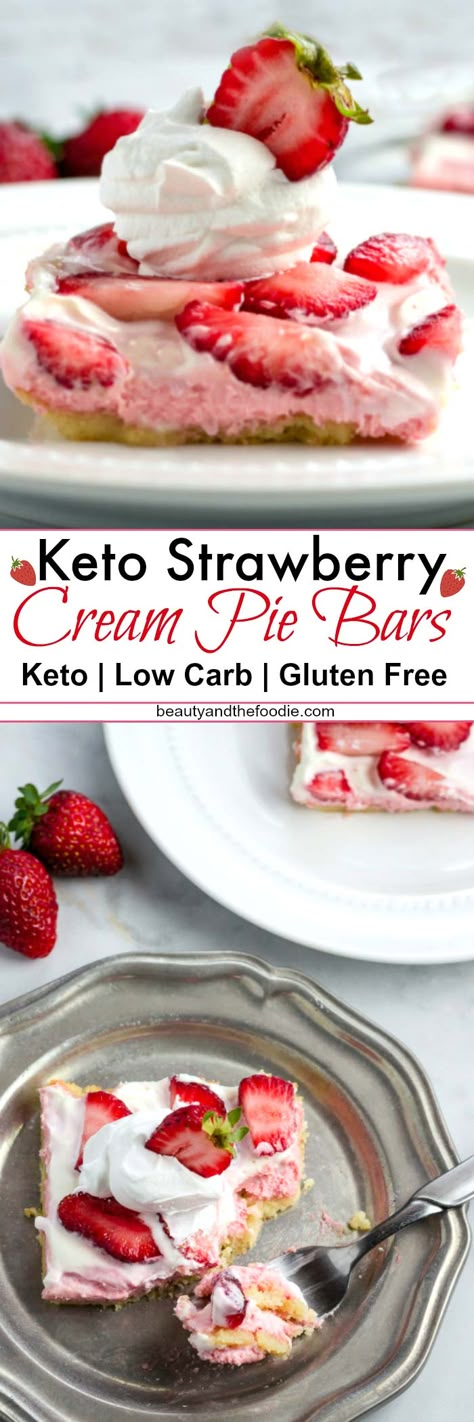 Strawberry Cream Pie, Galletas Keto, Strawberry Cream Pies, Postre Keto, Keto Friendly Desserts, Low Carb Low Sugar, Keto Low Carb Recipes, Low Carb Sweets, Pie Bars