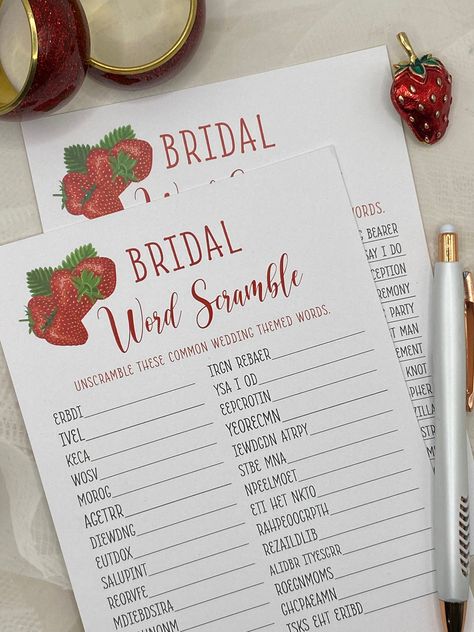 100 lb Cougar cardstock.  Printed Bridal or Wedding Shower game. Unscramble common wedding themed words. Package of 24, size 5x7, vibrant red, with a Strawberry design Apple Bridal Shower Theme, Berry Themed Bridal Shower Ideas, Bridal Shower Strawberry Theme, Strawberry Themed Bridal Shower Ideas, Berry Sweet Bridal Shower Theme, Strawberry Bridal Shower Theme, Red Bridal Shower Ideas, Berry In Love Bridal Shower Theme, Bridal Shower Red Theme